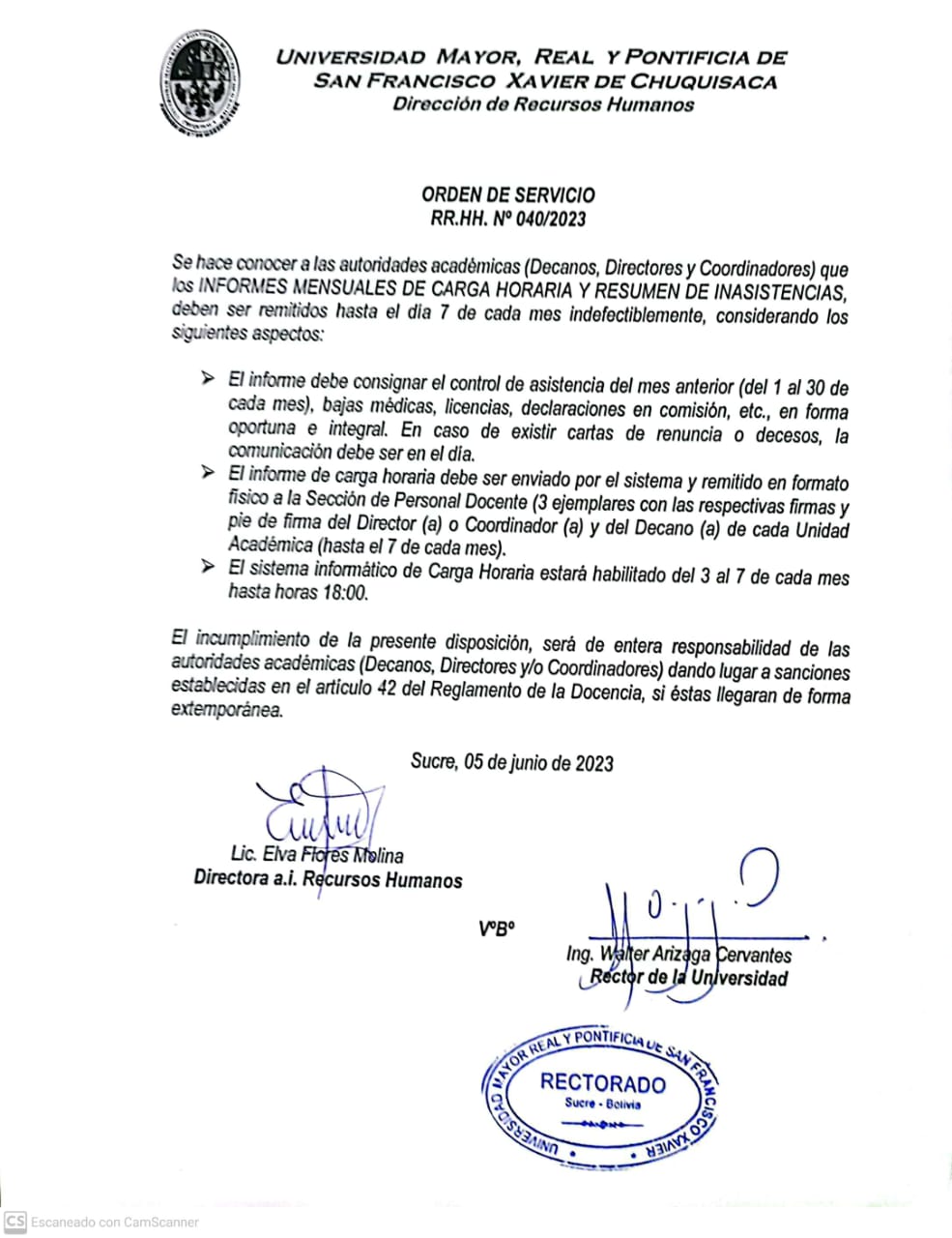 ORDEN DE SERVICIO RR.HH. N° 040/2023 INFORME MENSUAL CARGA HORARIA