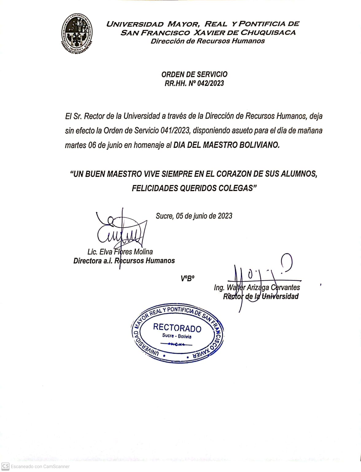 ORDEN DE SERVICIO RR.HH. N° 042/2023 DÍA DEL MAESTRO BOLIVIANO.