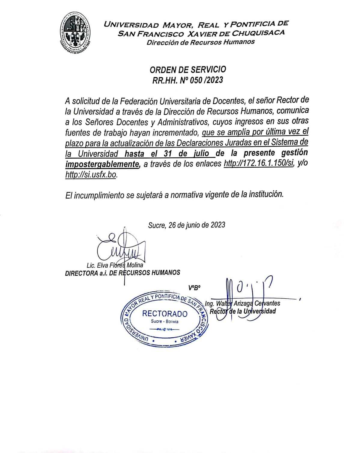 ORDEN DE SERVICIO RR.HH. N° 050/23 AMPLIACIÓN DECLARACIONES JURADAS.