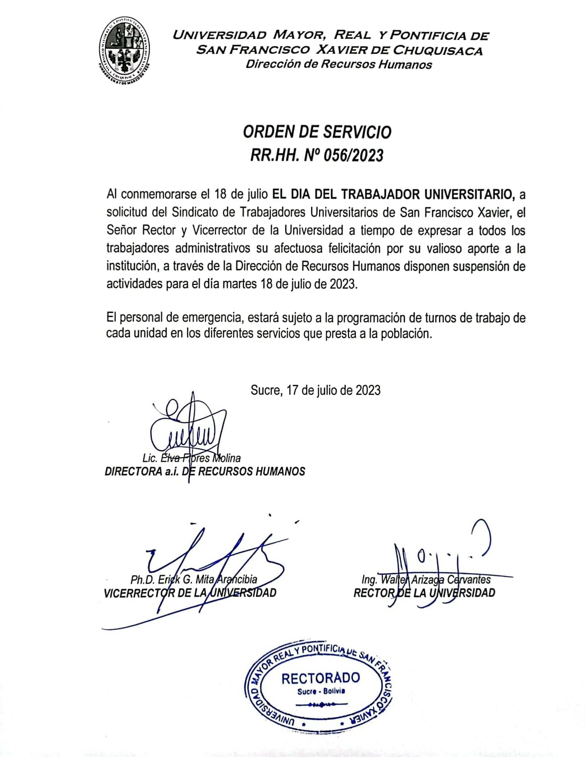 ORDEN DE SERVICIO RR.HH. Nº 056/2023 DÍA DEL TRABAJADOR UNIVERSITARIO.