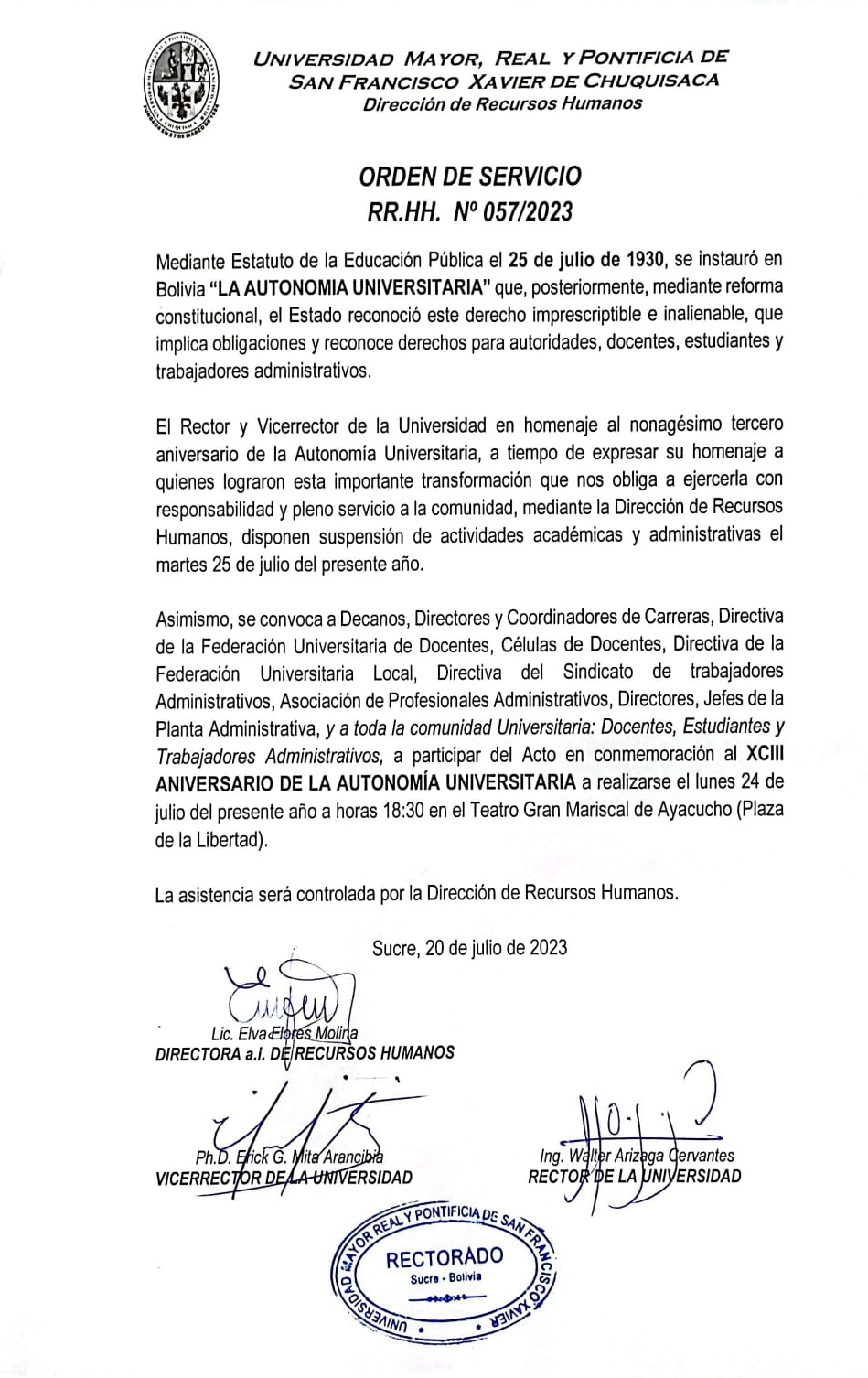 ORDEN DE SERVICIO RR.HH. Nº 057/2023 AUTONOMÍA UNIVERSITARIA 2023.