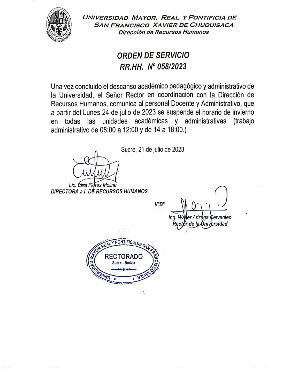 ORDEN DE SERVICIO RR.HH. Nº 058/2023 CONCLUSIÓN DESCANSO ACADÉMICO ADMINISTRATIVO 2023.