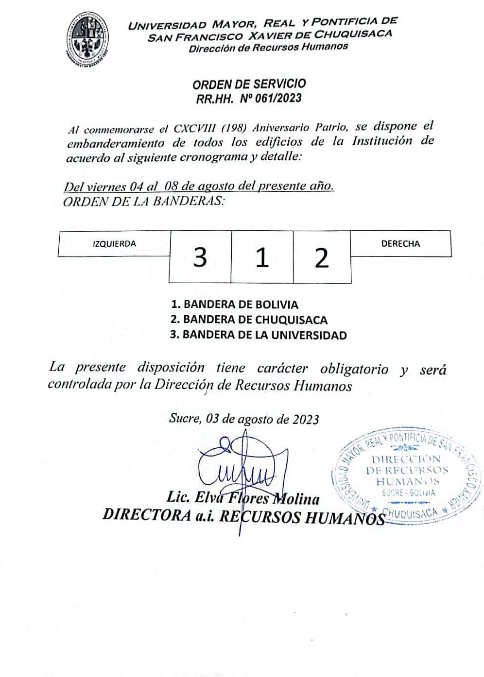 ORDEN DE SERVICIO RR.HH. Nº 061/2023, EMBANDERAMIENTO DE EDIFICIOS UNIVERSITARIOS.