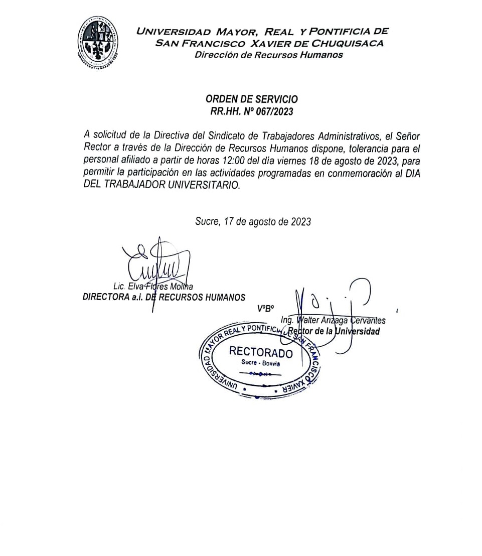 ORDEN DE SERVICIO RR.HH. Nº 067/2023, TOLERANCIA PERSONAL ADMINISTRATIVO AFILIADO AL STUSFX.