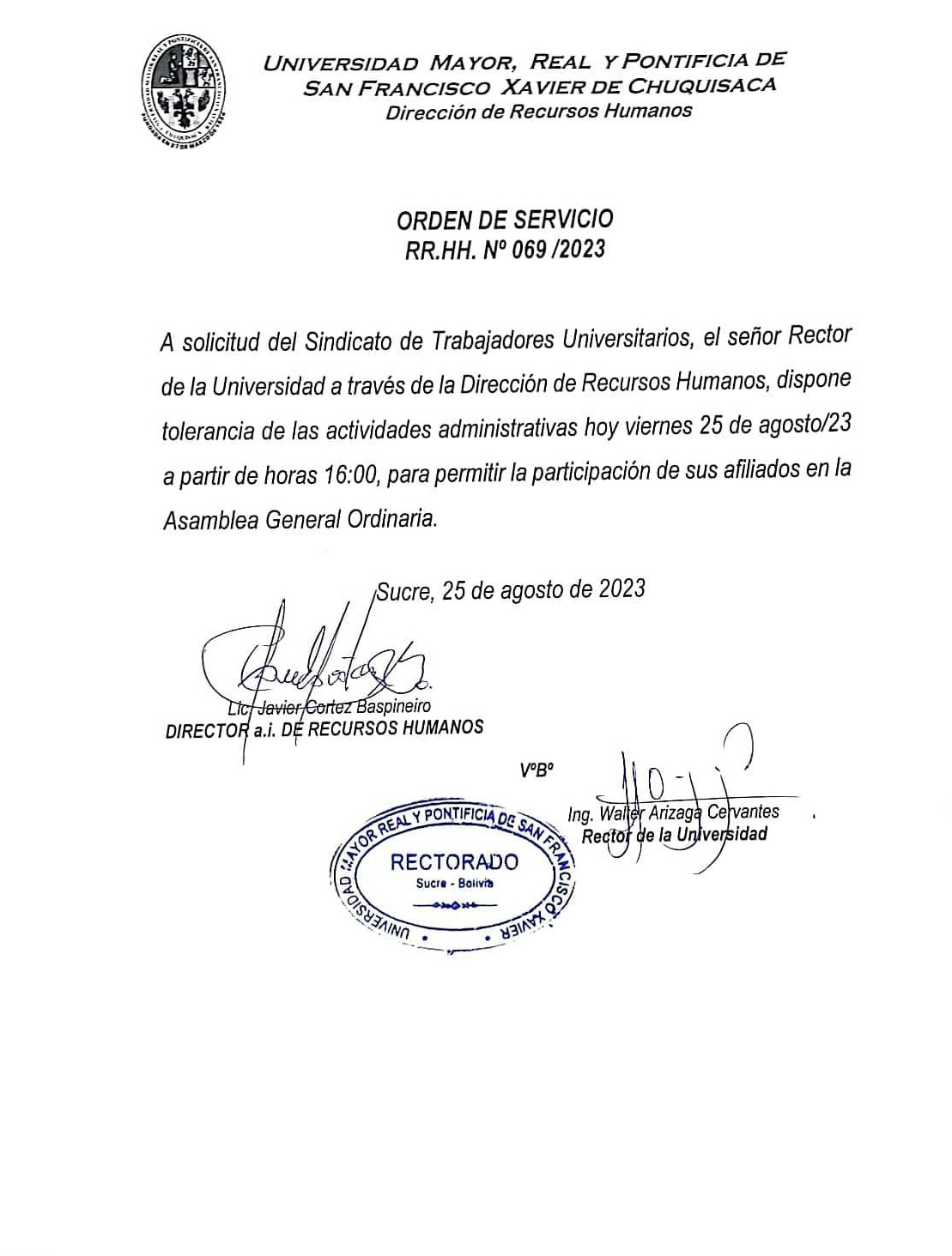 ORDEN DE SERVICIO RR.HH. Nº 069/2023, TOLERANCIA ADMINISTRATIVA POR ASAMBLEA.