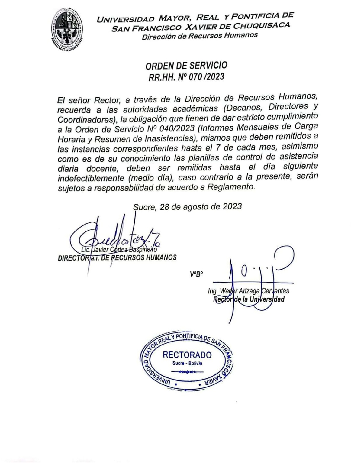 ORDEN DE SERVICIO RR.HH. Nº 070/2023, INFORMES DE INASISTENCIA Y CARGA HORARIA.