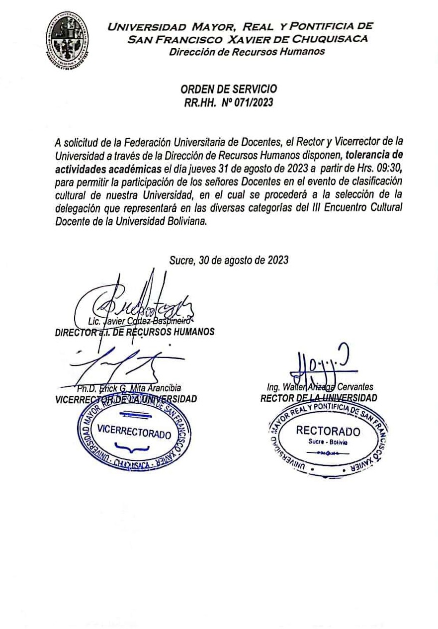 ORDEN DE SERVICIO RR.HH. Nº 071/2023, TOLERANCIA ACTIVIDADES ACADÉMICAS.