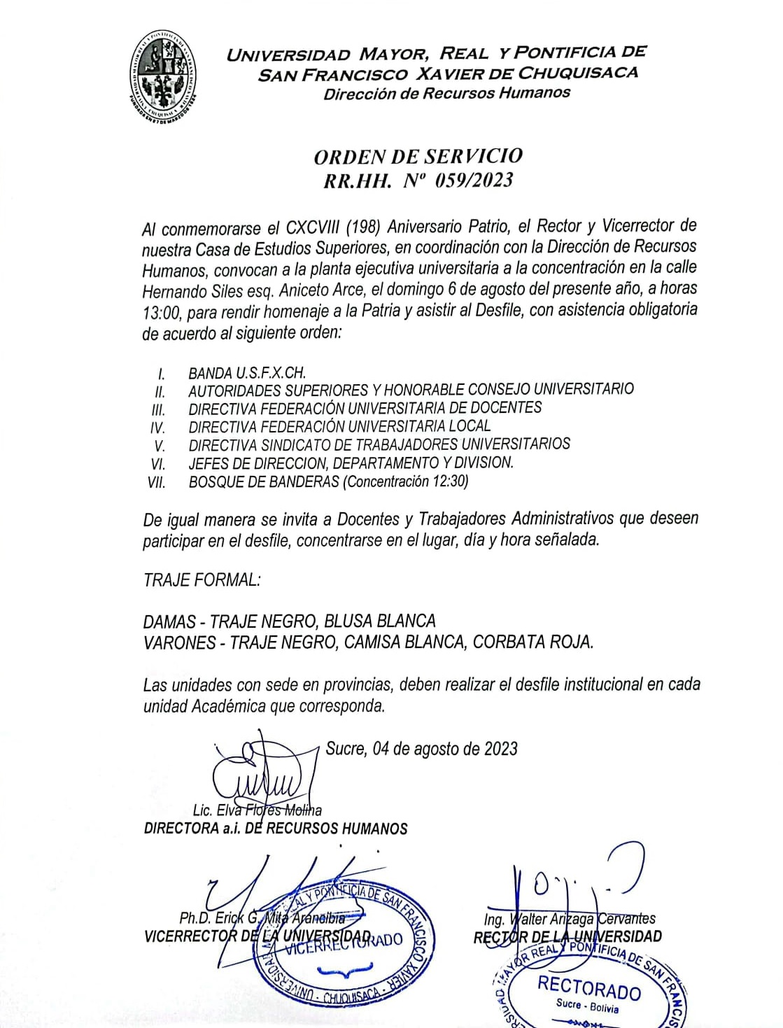 ORDEN DE SERVICIO RR.HH. Nº 059/2023, DESFILE CÍVICO PATRIO.