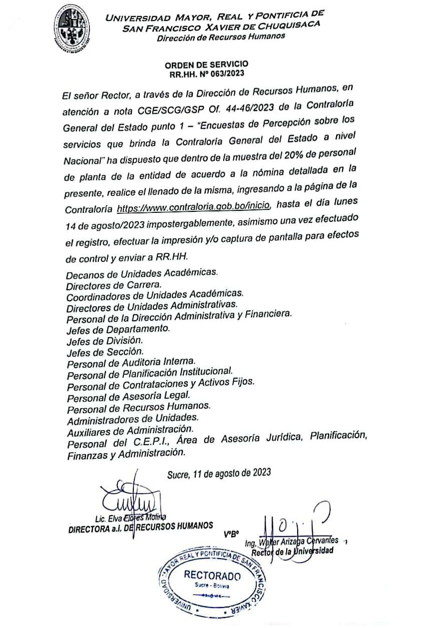 ORDEN DE SERVICIO RR.HH. Nº 063/2023, ENCUESTA DE PERCEPCIÓN SERVICIOS CONTRALORÍA.