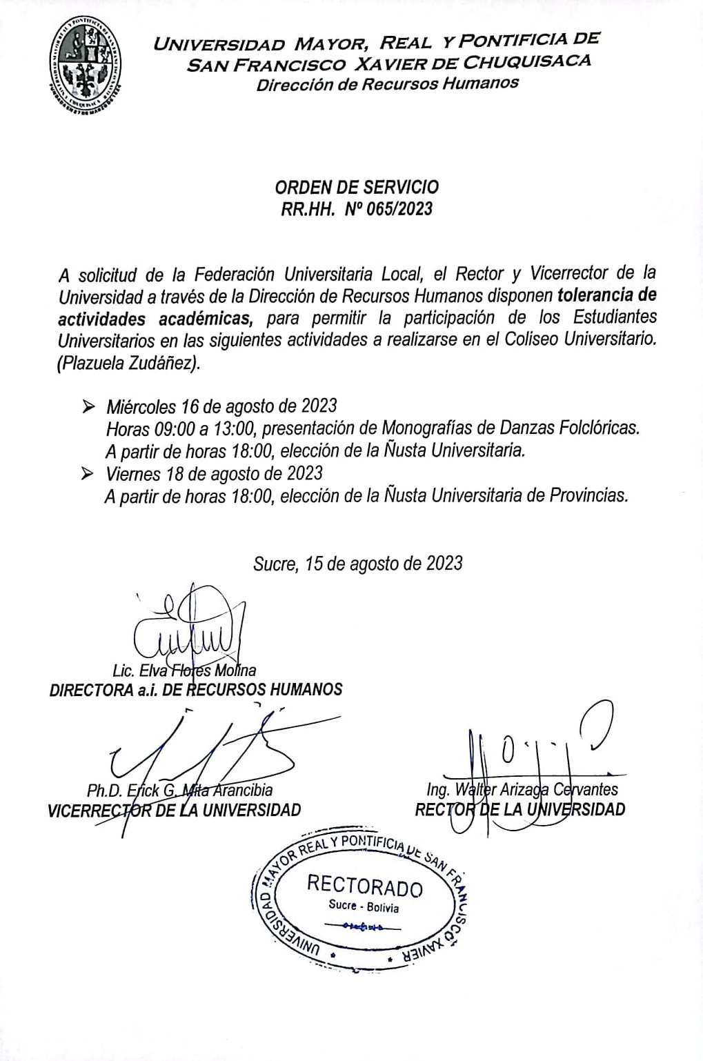 ORDEN DE SERVICIO RR.HH. Nº 065/2023, TOLERANCIA ACTIVIDADES ENTRADA UNIVERSITARIA.