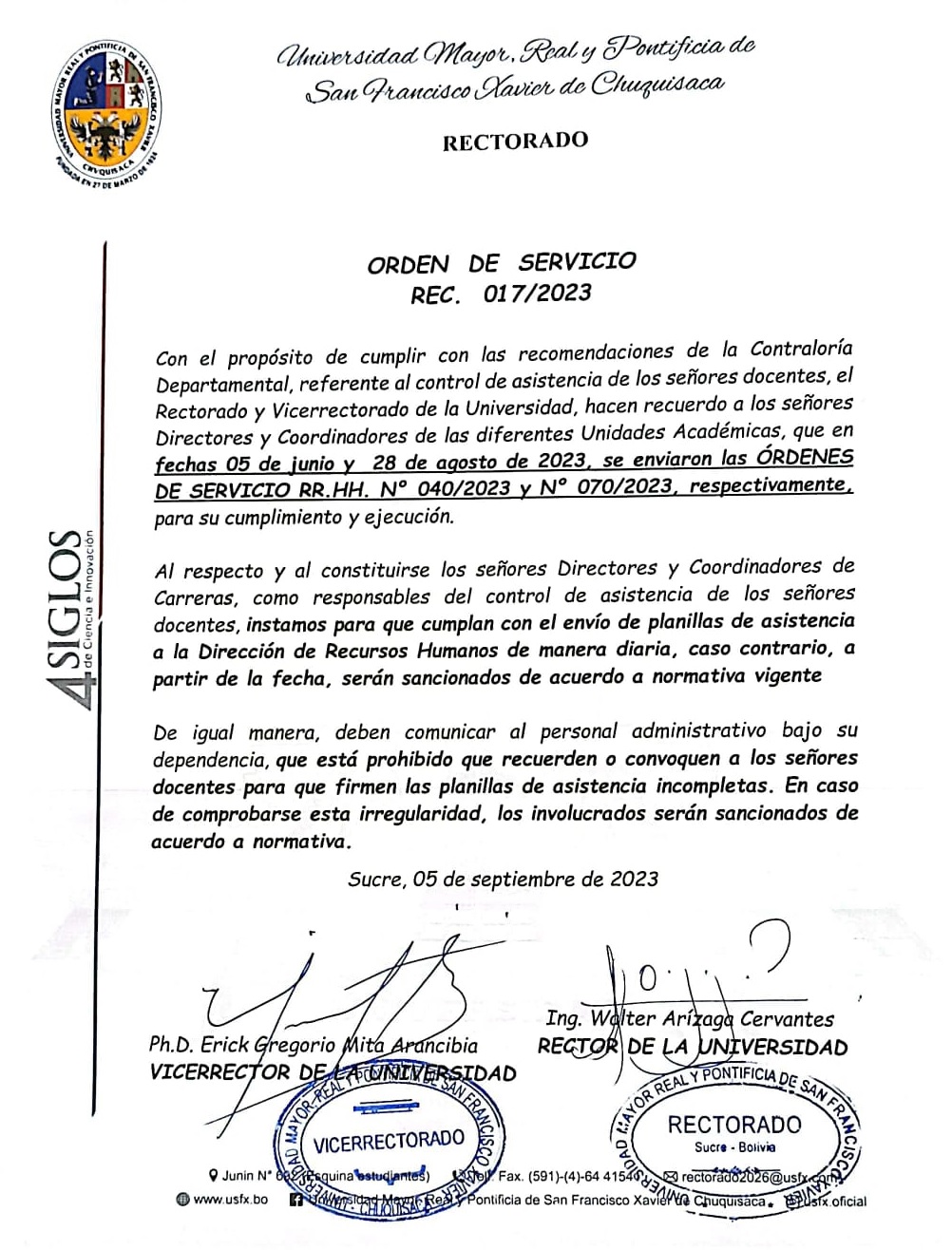 ORDEN DE SERVICIO REC. Nº 017/2023, CONTROL DE ASISTENCIA SEÑORES DOCENTES.