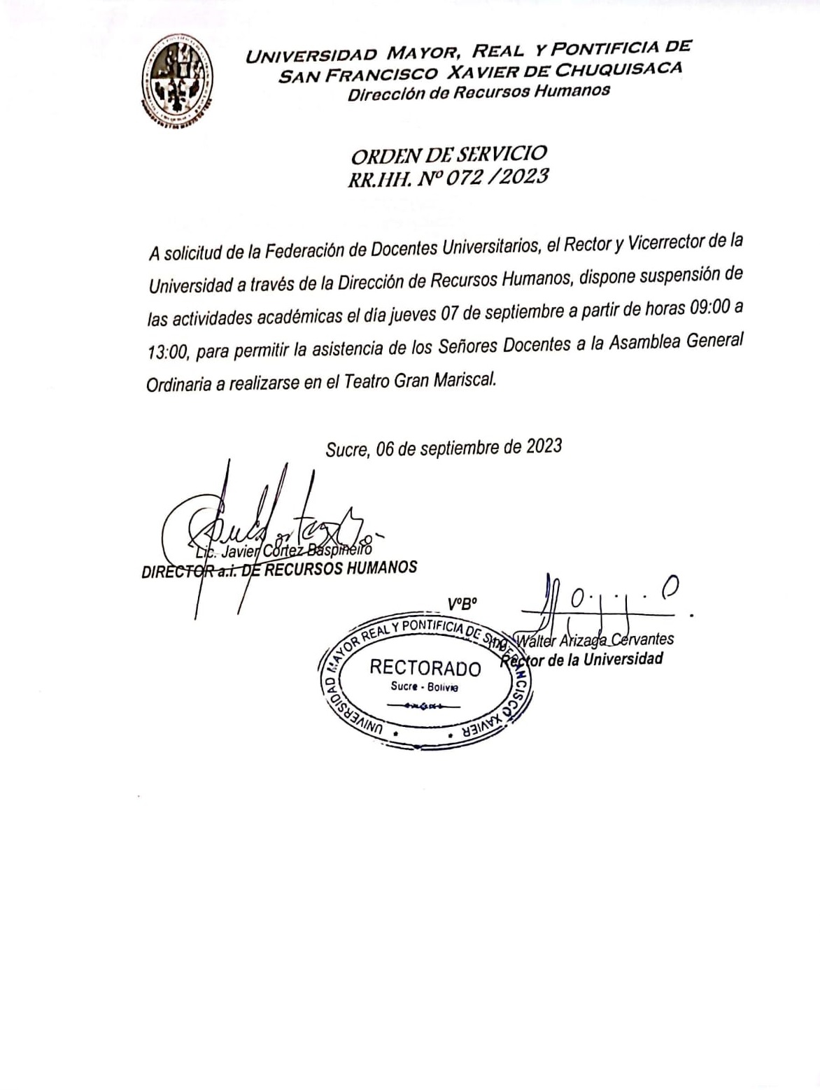 ORDEN DE SERVICIO RR.HH. Nº 072/2023, SUSPENSIÓN DE ACTIVIDADES ACADÉMICAS.