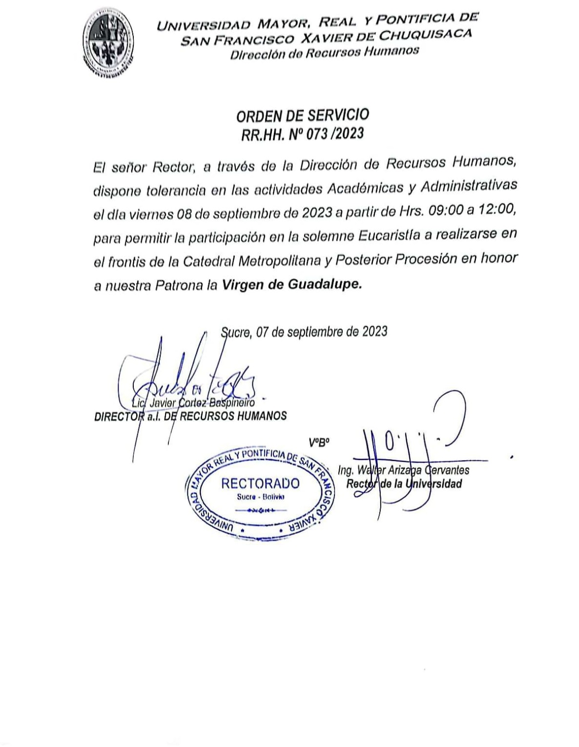 ORDEN DE SERVICIO RR.HH. Nº 073/2023, TOLERANCIA ACTIVIDADES ACADÉMICAS Y ADMINISTRATIVAS.