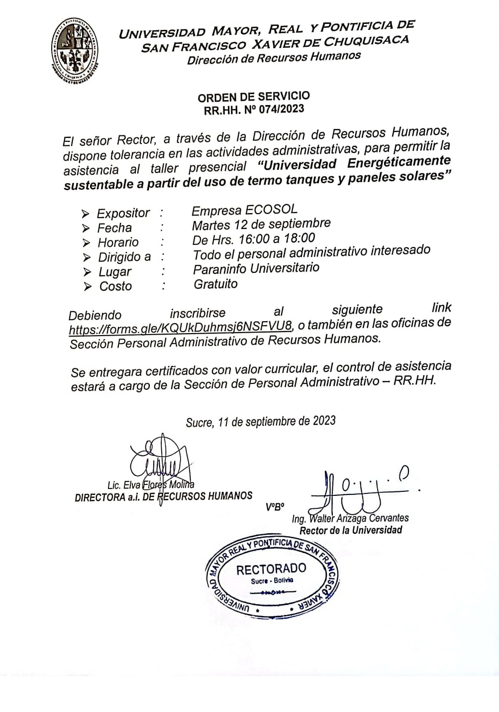 ORDEN DE SERVICIO RR.HH. Nº 074/2023, TOLERANCIA ADMINISTRATIVA TALLER PRESENCIAL.