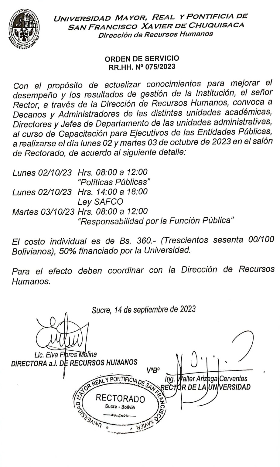 ORDEN DE SERVICIO RR.HH. Nº 075/2023, CURSO DE CAPACITACIÓN PARA LOS EJECUTIVOS EN LAS ENTIDADES PUBLICAS.