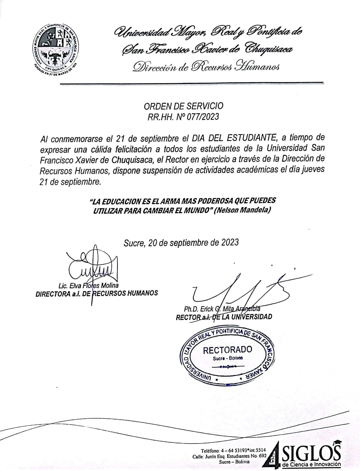 ORDEN DE SERVICIO RR.HH. Nº 077/2023, SUSPENSIÓN DE ACTIVIDADES ACADÉMICAS DÍA DEL ESTUDIANTE.