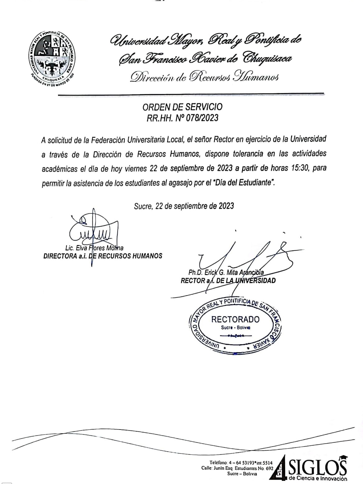 ORDEN DE SERVICIO RR.HH. Nº 078/2023, TOLERANCIA ACTIVIDADES ACADÉMICAS.