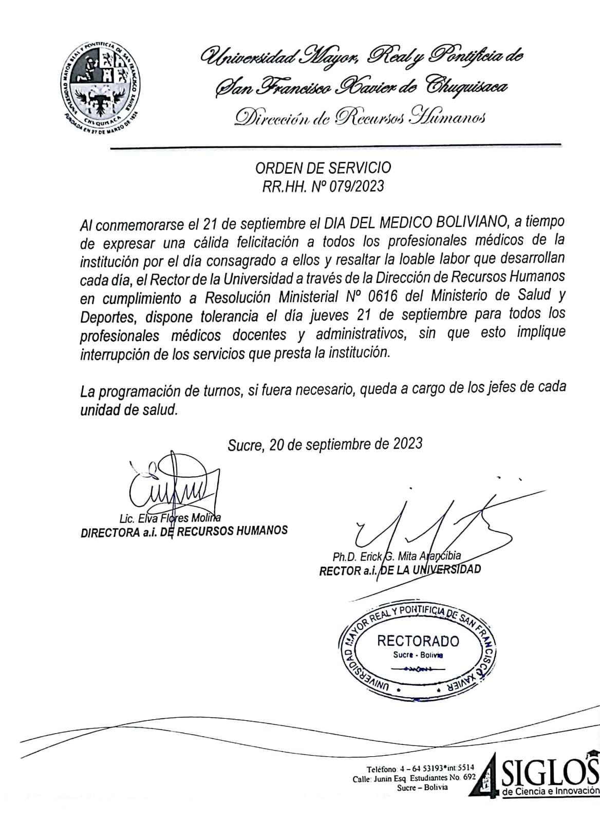ORDEN DE SERVICIO RR.HH. Nº 079/2023, TOLERANCIA DÍA DEL MEDICO BOLIVIANO.