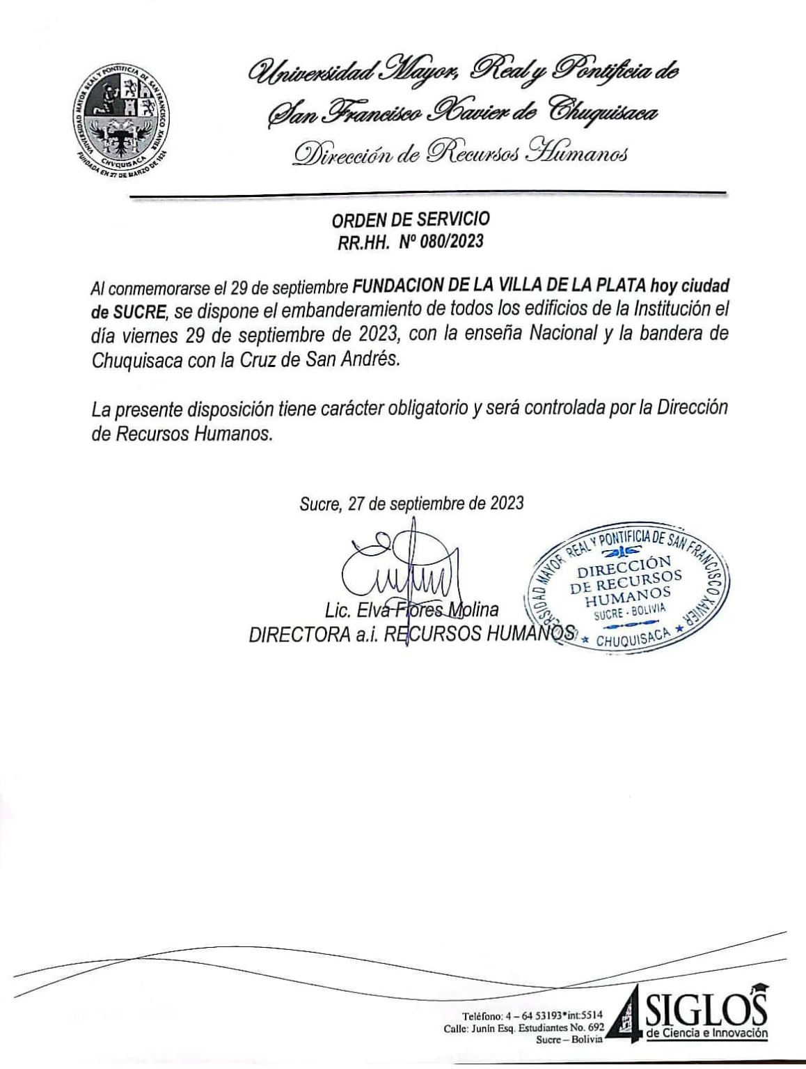ORDEN DE SERVICIO RR.HH. Nº 080/2023, EMBANDERAMIENTO FUNDACIÓN  VILLA DE LA PLATA