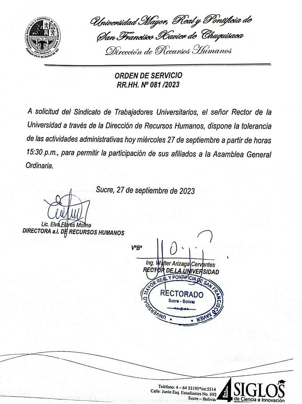 ORDEN DE SERVICIO RR.HH. Nº 081/2023, TOLERANCIA ACTIVIDADES ADMINISTRATIVAS.