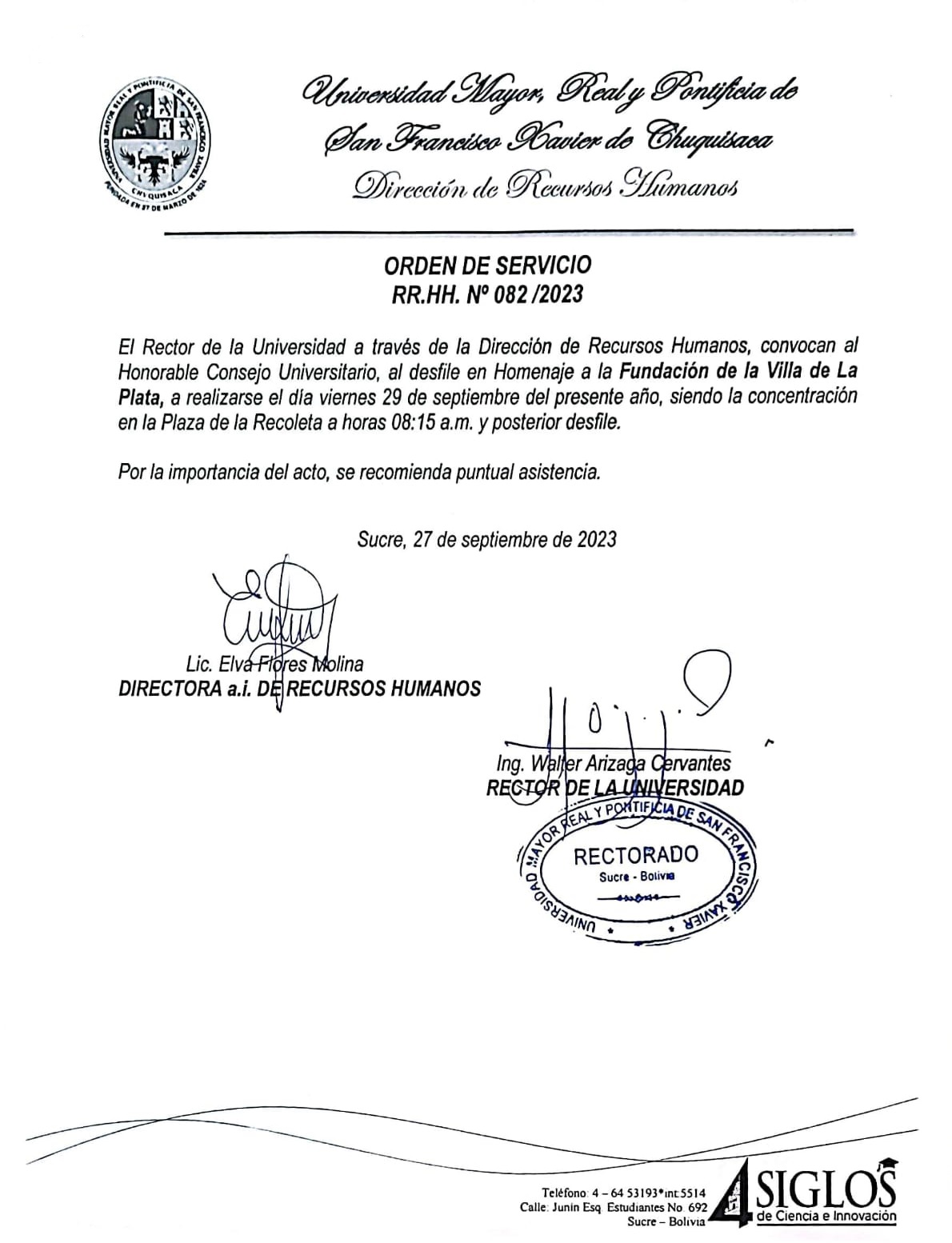 ORDEN DE SERVICIO RR.HH. Nº 082/2023, HOMENAJE FUNDACIÓN DE LA VILLA DE LA PLATA.