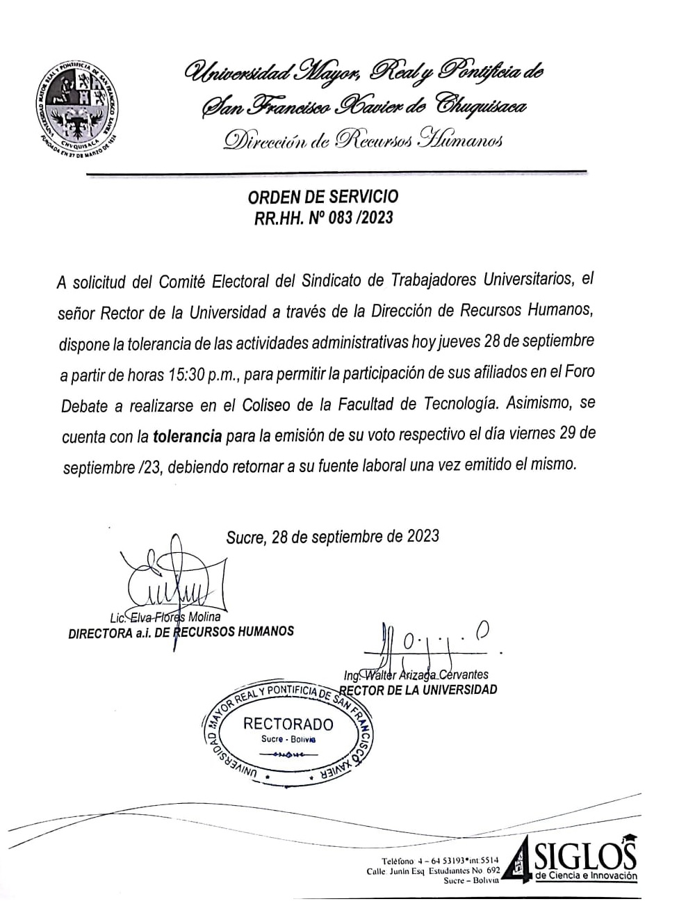 ORDEN DE SERVICIO RR.HH. Nº 083/2023, TOLERANCIA ACTIVIDADES ADMINISTRATIVAS, FORO DEBATE.