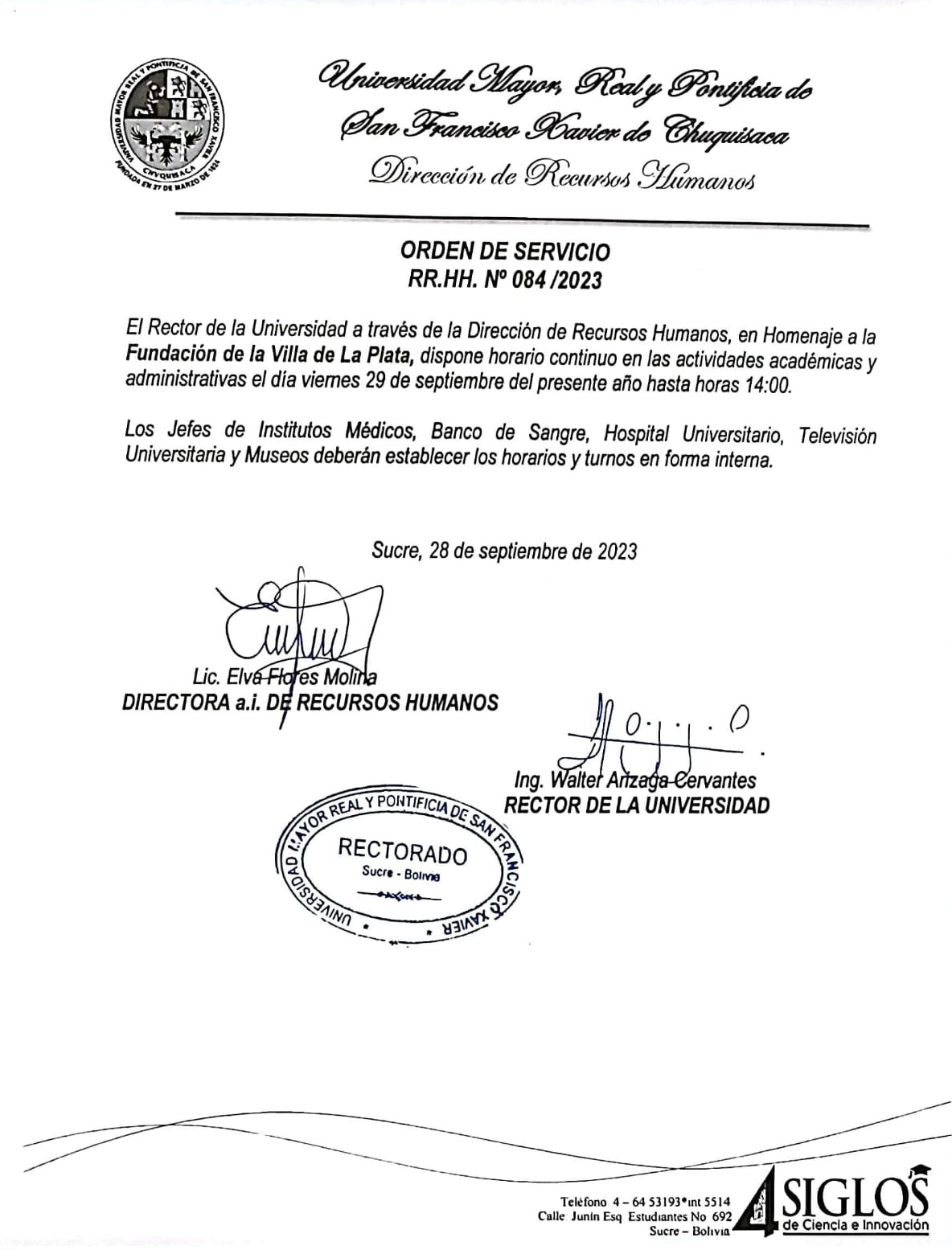 ORDEN DE SERVICIO RR.HH. Nº 084/2023, FUNDACIÓN DE LA VILLA DE LA PLATA, HORARIO CONTINUO.
