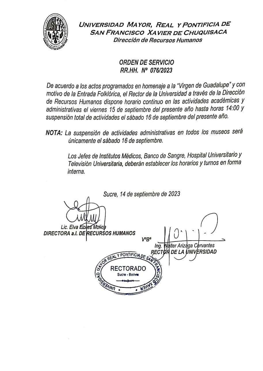 ORDEN DE SERVICIO RR.HH. Nº 076/2023, HORARIO CONTINUO ACADÉMICO Y ADMINISTRATIVO.