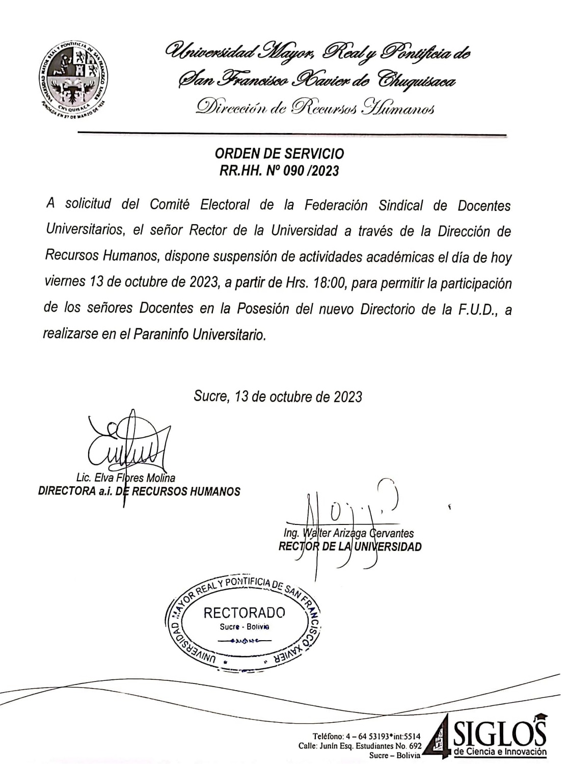 ORDEN DE SERVICIO RR.HH. Nº 090/2023, SUSPENSIÓN DE ACTIVIDADES ACADÉMICAS POSESIÓN FUD.