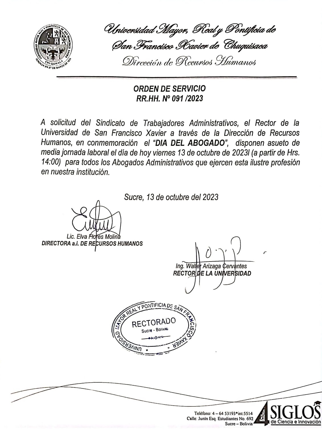 ORDEN DE SERVICIO RR.HH. Nº 091/2023, SUSPENSIÓN DE ACTIVIDADES ADMINISTRATIVAS DÍA DEL ABOGADO.