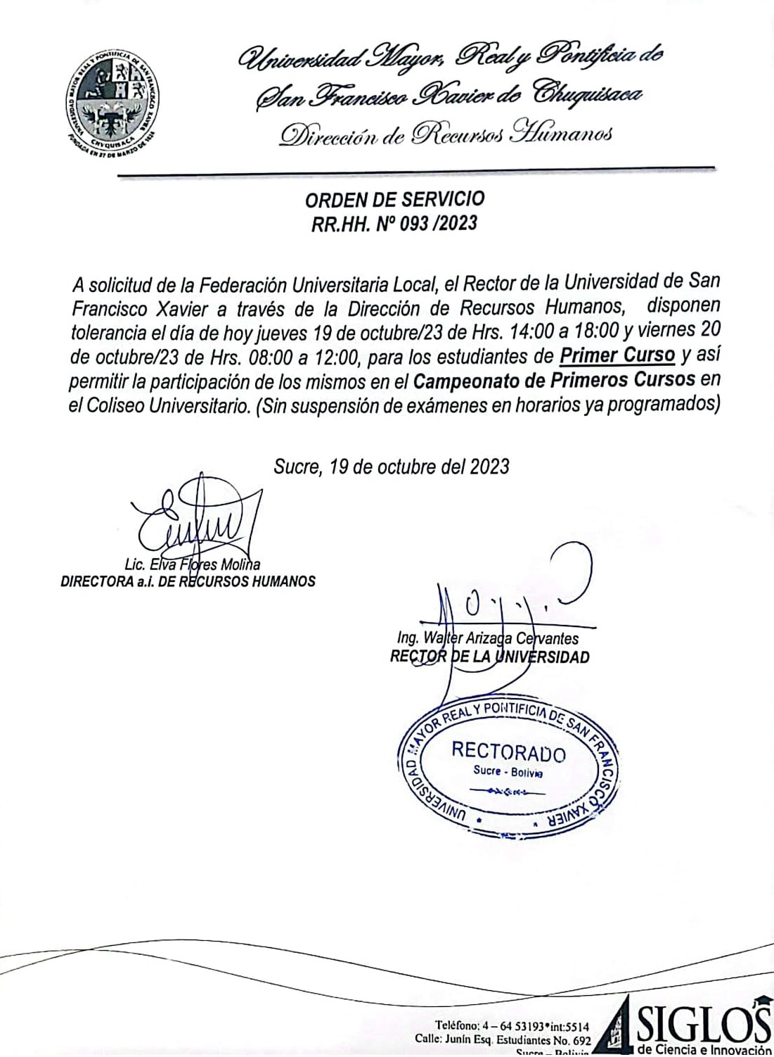 ORDEN DE SERVICIO RR.HH. Nº 093/2023, TOLERANCIA ACTIVIDADES ACADÉMICAS CAMPEONATO FUL.