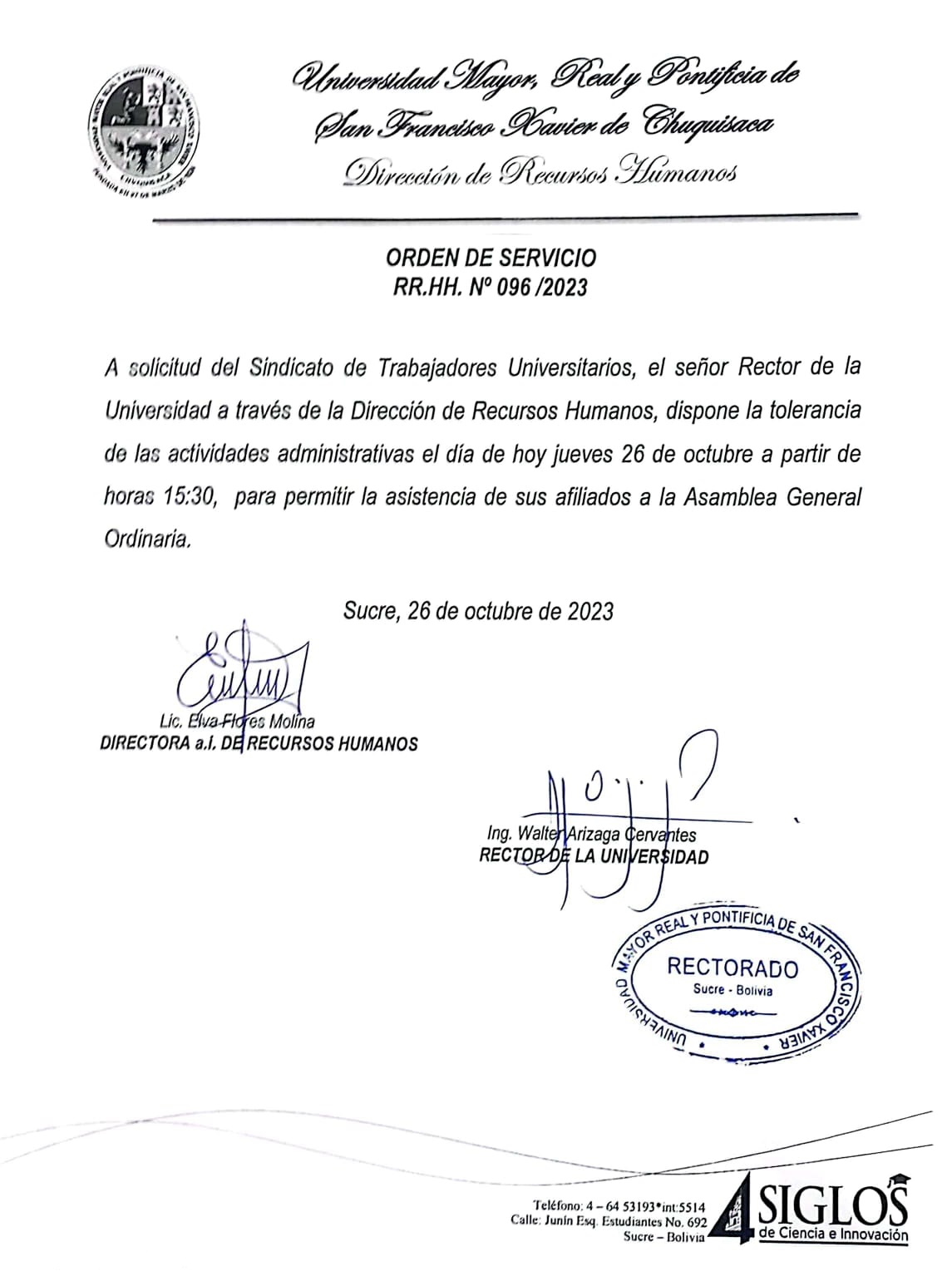 ORDEN DE SERVICIO RR.HH. Nº 096/2023, TOLERANCIA ACTIVIDADES ADMINISTRATIVAS, ASAMBLEA STUSFX.