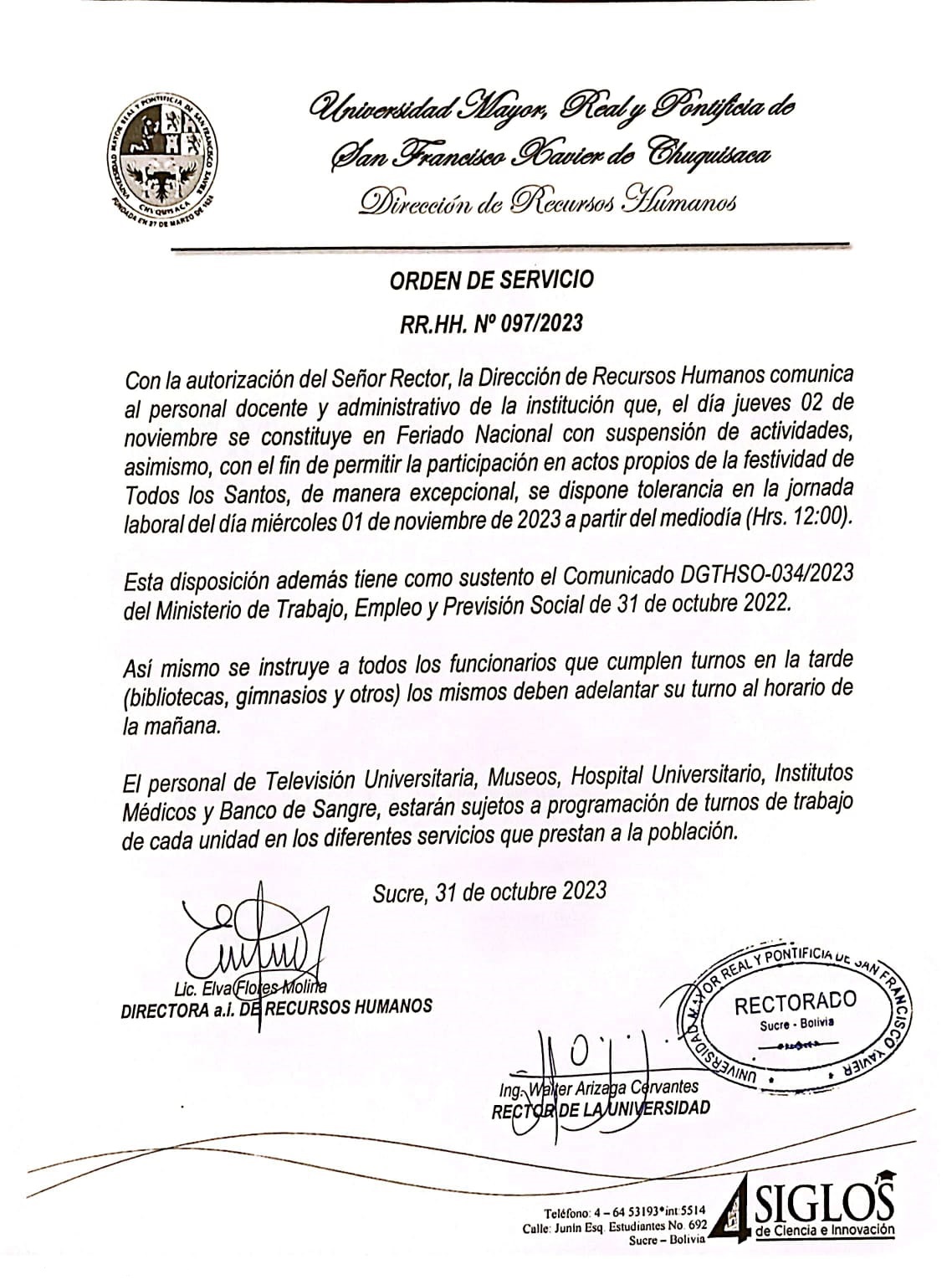 ORDEN DE SERVICIO RR.HH. Nº 097/2023, FERIADO NACIONAL DE TODOS LOS SANTOS.