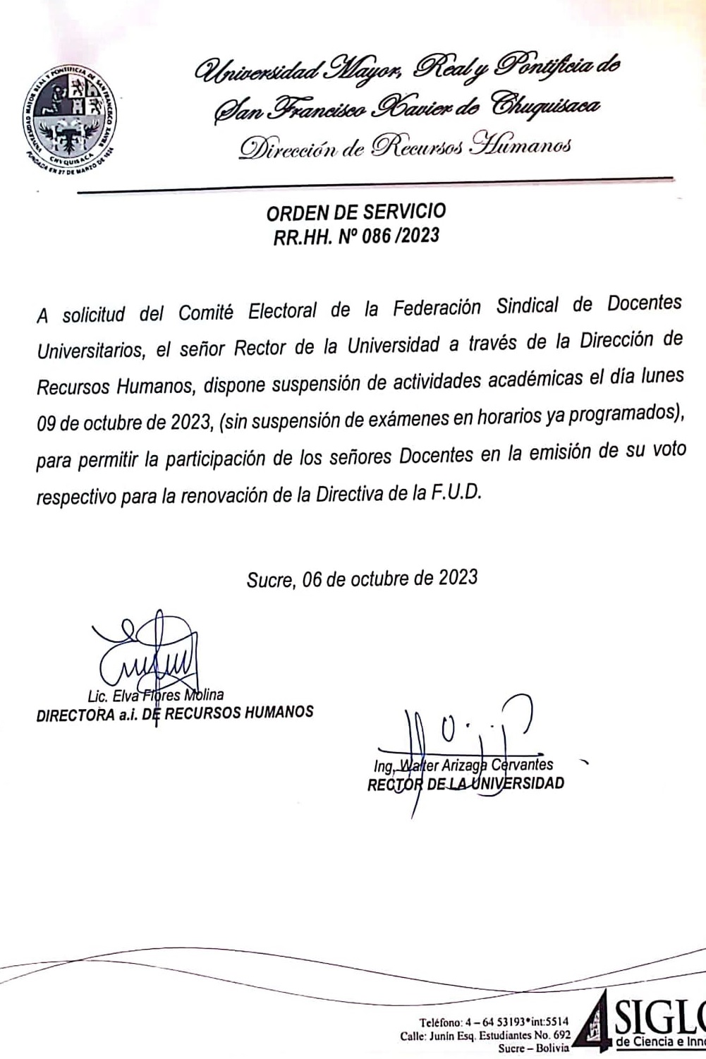 ORDEN DE SERVICIO RR.HH. Nº 086/2023, SUSPENSIÓN ACTIVIDADES ACADÉMICAS ELECCIÓN FUD.