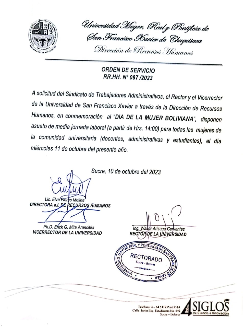 ORDEN DE SERVICIO RR.HH. Nº 087/2023, ASUETO DIA DE LA MUJER BOLIVIANA.