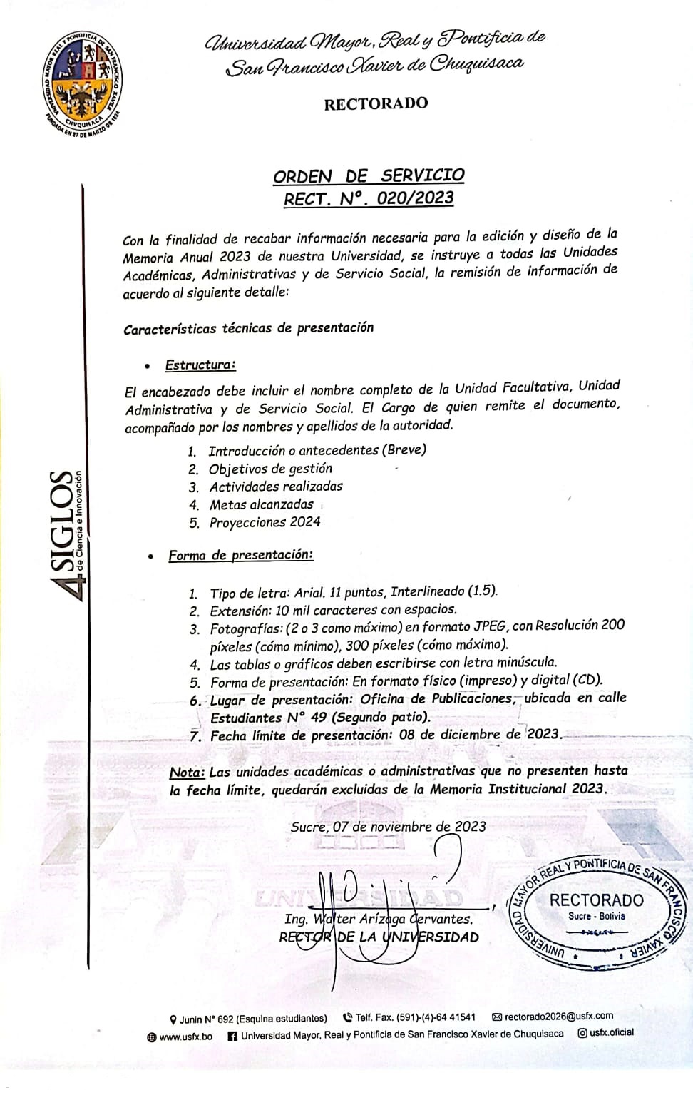 ORDEN DE SERVICIO RECTORAL. Nº 020/2023, MEMORIA ANUAL 2023.