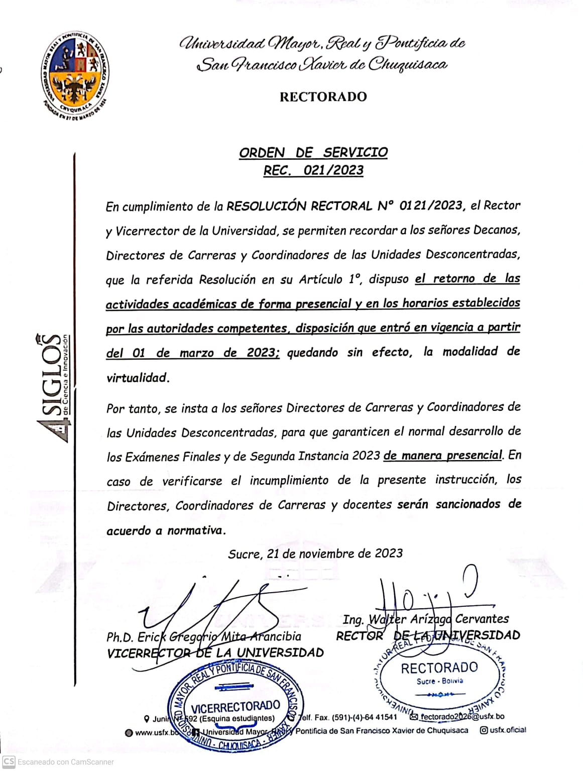 ORDEN DE SERVICIO RECTORAL. Nº 021/2023, RETORNO DE LAS ACTIVIDADES ACADÉMICAS DE FORMA PRESENCIAL.