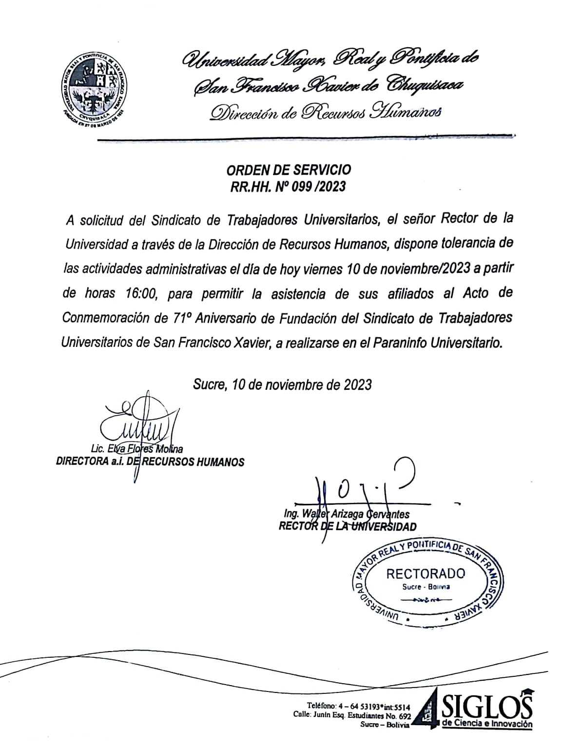 ORDEN DE SERVICIO RR.HH. Nº 099/2023, TOLERANCIA ACTIVIDADES ADMINISTRATIVAS FUNDACIÓN STUSFX.