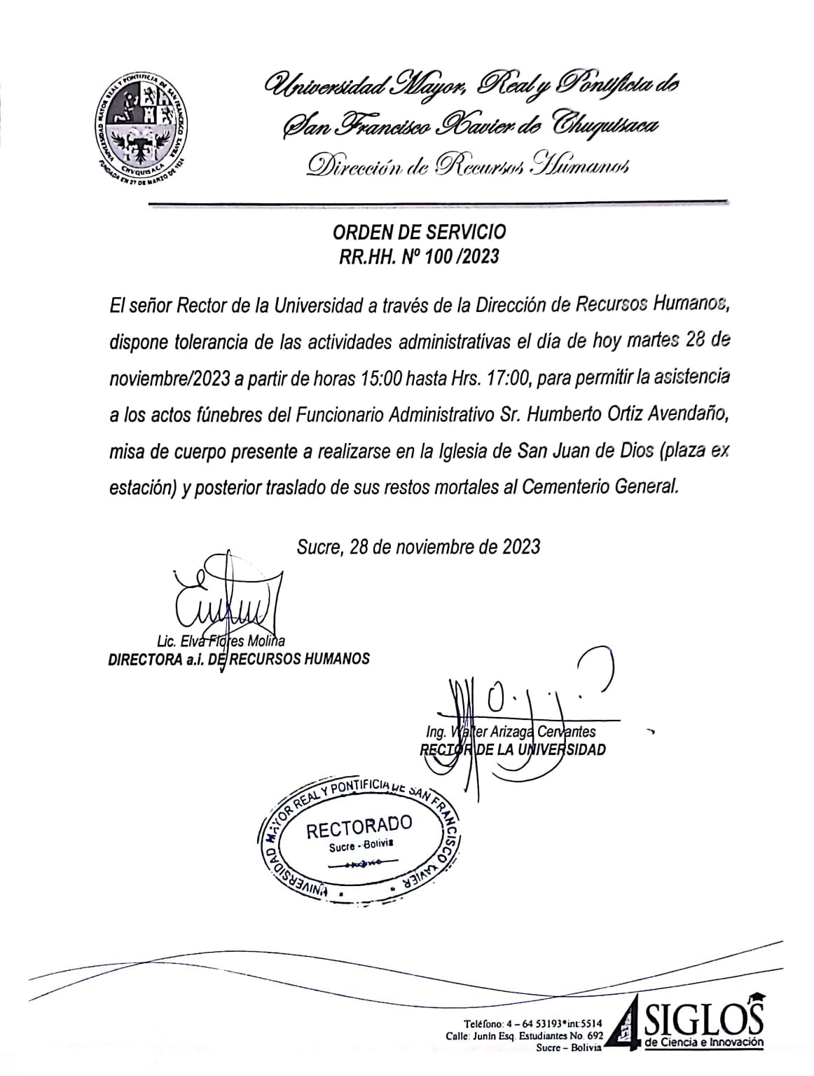 ORDEN DE SERVICIO RR.HH. Nº 100/2023, TOLERANCIA ACTIVIDADES ADMINISTRATIVAS.