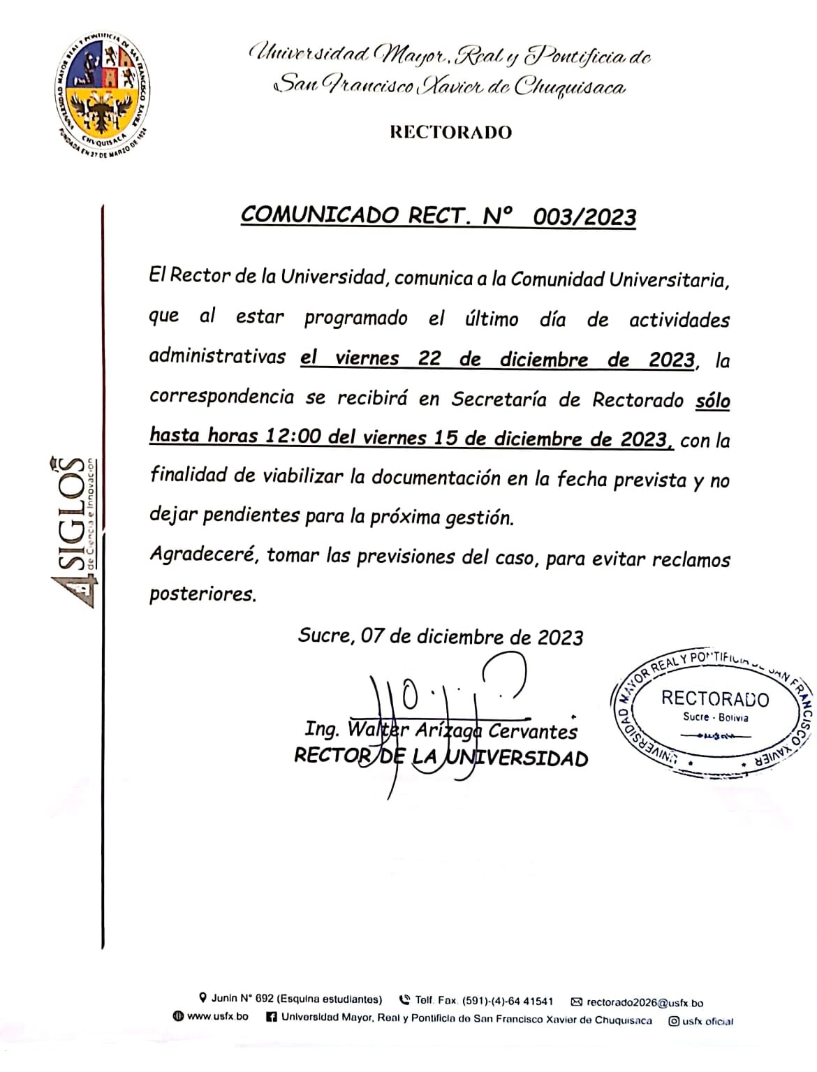 COMUNICADO RECTORAL. Nº 003/2023, RECEPCIÓN DE DOCUMENTACIÓN RECTORADO