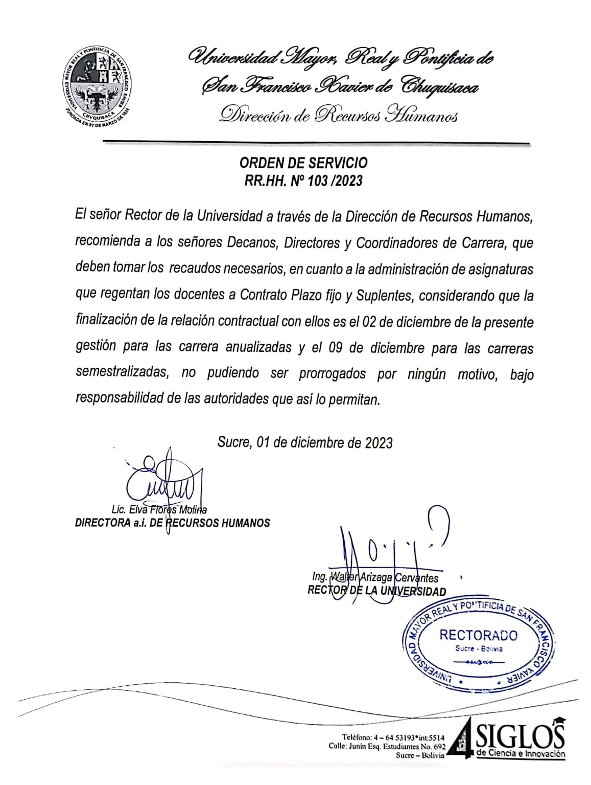 ORDEN DE SERVICIO RR.HH. Nº 103/2023, DOCENTES A CONTRATO Y SUPLENCIA.