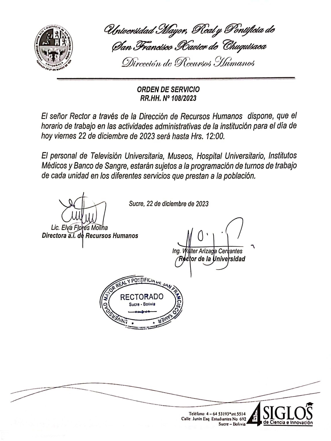 ORDEN DE SERVICIO RR.HH. Nº 108/2023, HORARIO DE TRABAJO ADMINISTRATIVO.