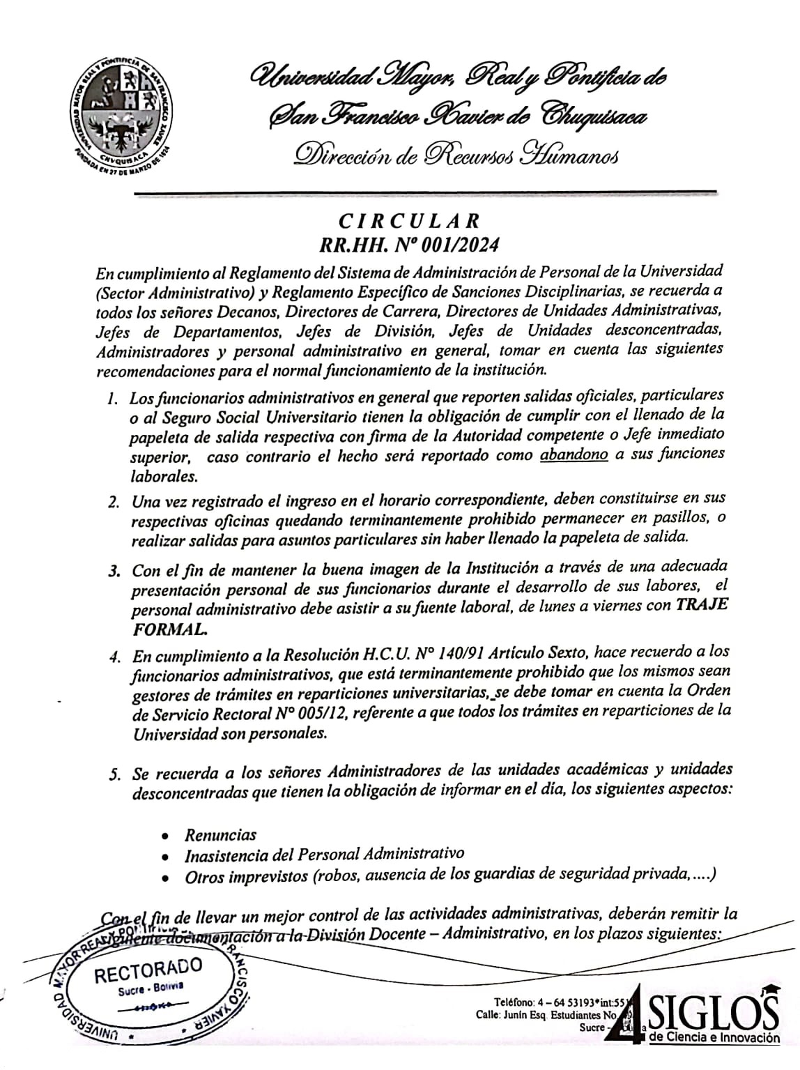 ORDEN DE SERVICIO RR.HH. Nº 001/2024 P1, CUMPLIMIENTO DEL REGLAMENTO DEL SISTEMA DE ADM. DE PERSONAL.