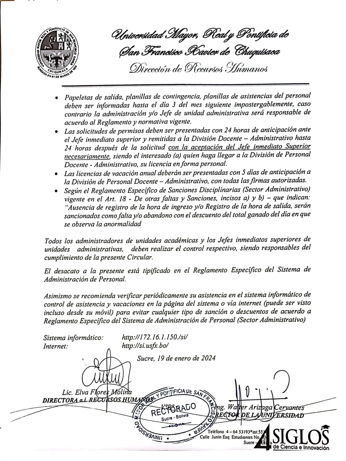 ORDEN DE SERVICIO RR.HH. Nº 001/2024 P2, CUMPLIMIENTO DEL REGLAMENTO DEL SISTEMA DE ADM. DE PERSONAL.