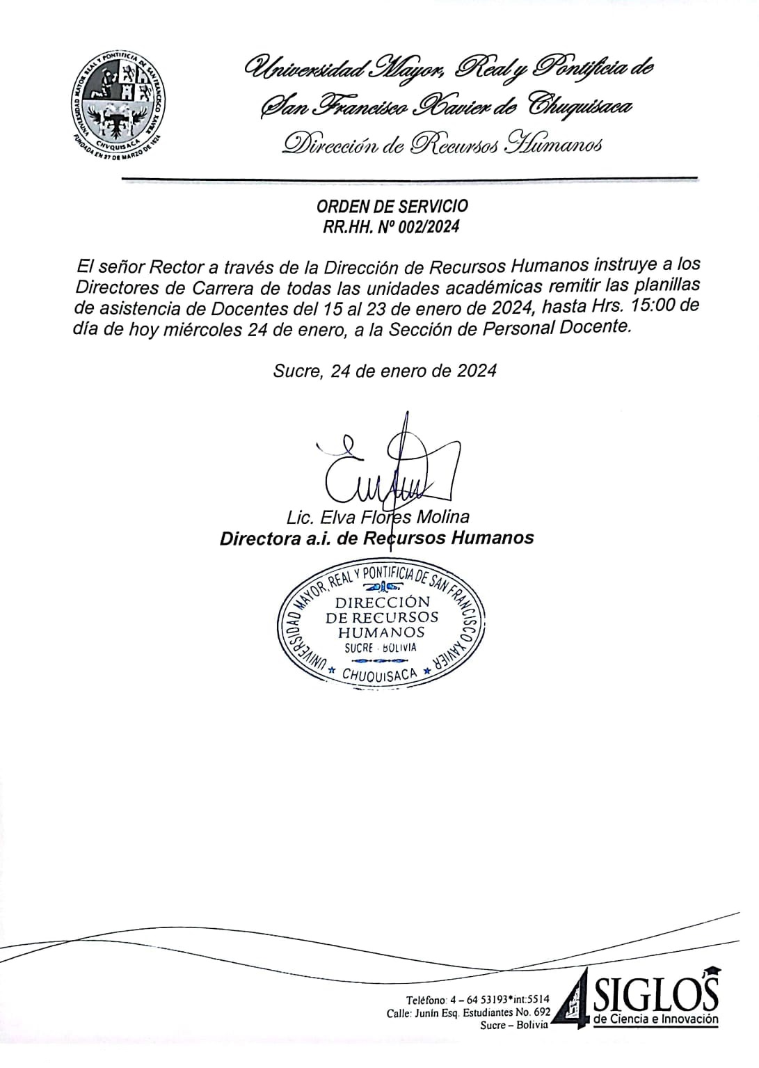 ORDEN DE SERVICIO RR.HH. Nº 002/2024 , REMITIR PLANILLAS DE ASISTENCIA DOCENTE.