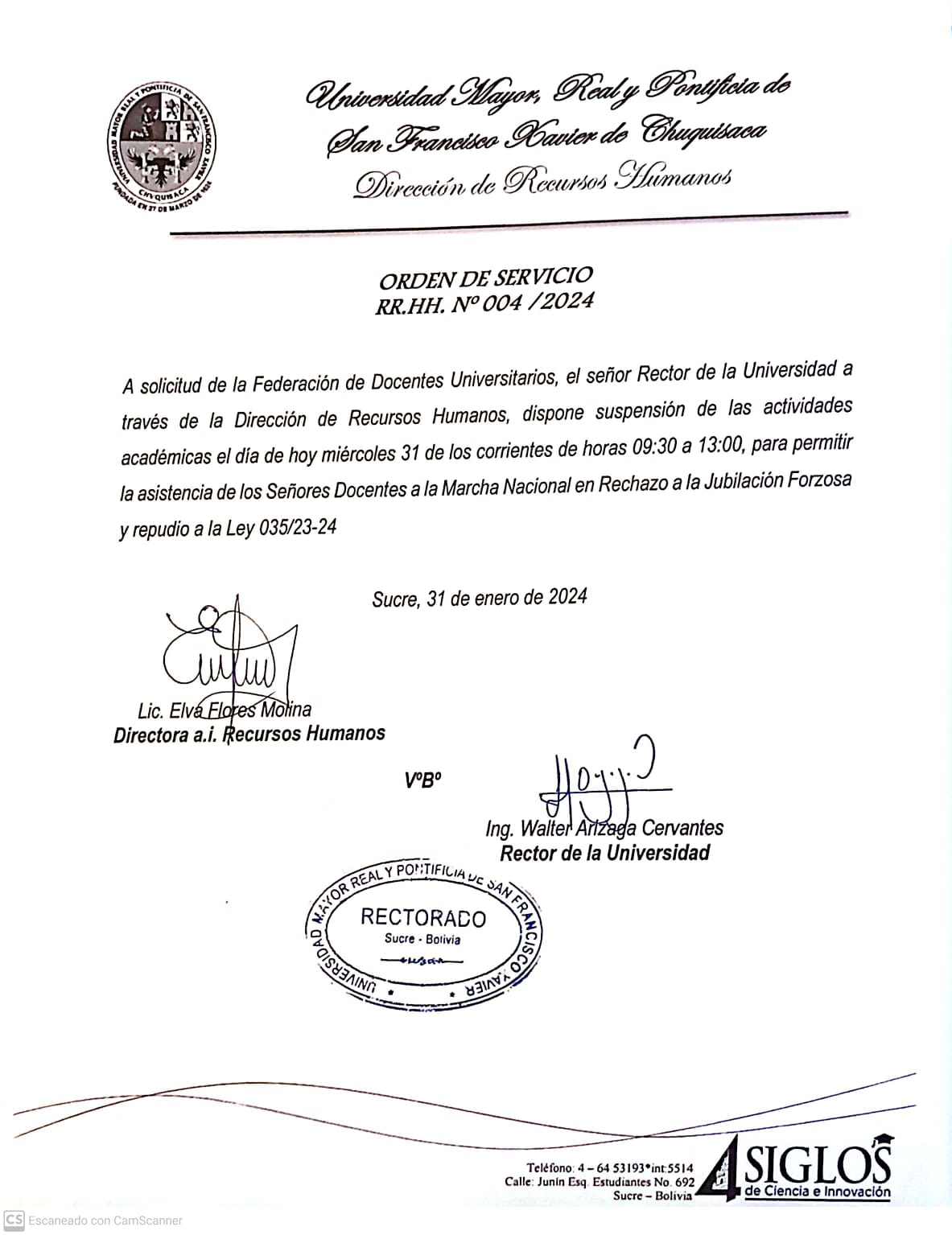 ORDEN DE SERVICIO RR.HH. Nº 004/2024 , SUSPENSIÓN DE ACTIVIDADES ACADÉMICAS.