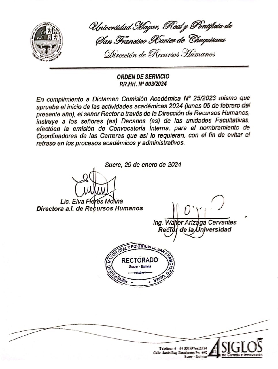 ORDEN DE SERVICIO RR.HH. Nº 003/2024, DICTAMEN COMISIÓN ACADÉMICA 25/2023.