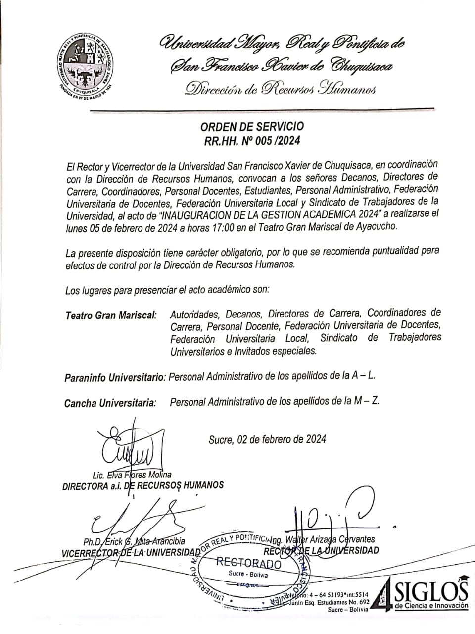 ORDEN DE SERVICIO RR.HH. Nº 005/2024, INAUGURACIÓN DE LA GESTIÓN ACADÉMICA 2024.