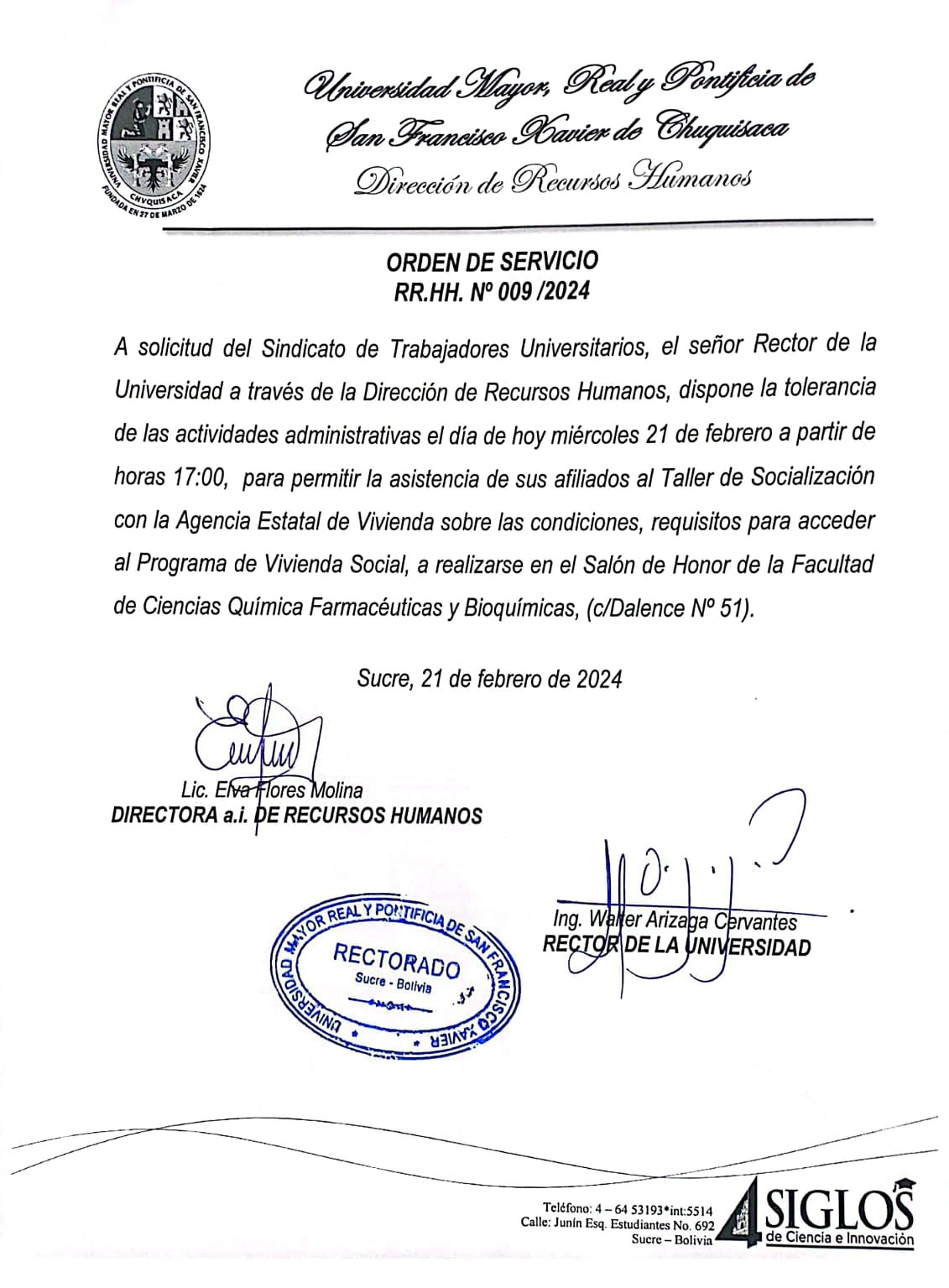 ORDEN DE SERVICIO RR.HH. Nº 009/2024, TOLERANCIA ACTIVIDADES ADMINISTRATIVAS TALLER AGENCIA ESTATAL DE VIVIENDA.