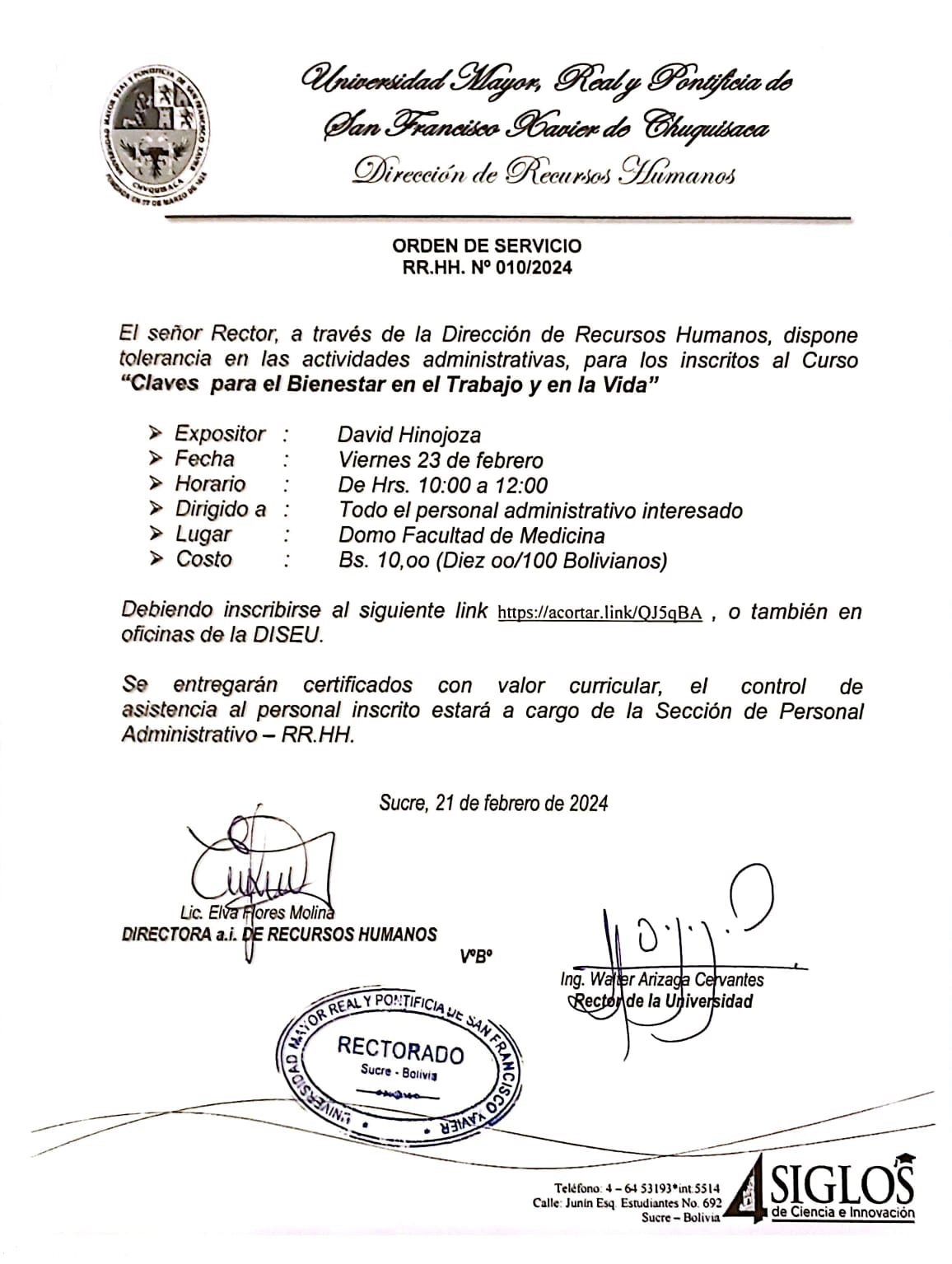 ORDEN DE SERVICIO RR.HH. Nº 010/2024, TOLERANCIA EN ACTIVIDADES ADMINISTRATIVAS CURSO CLAVES PARA EL BIENESTAR.